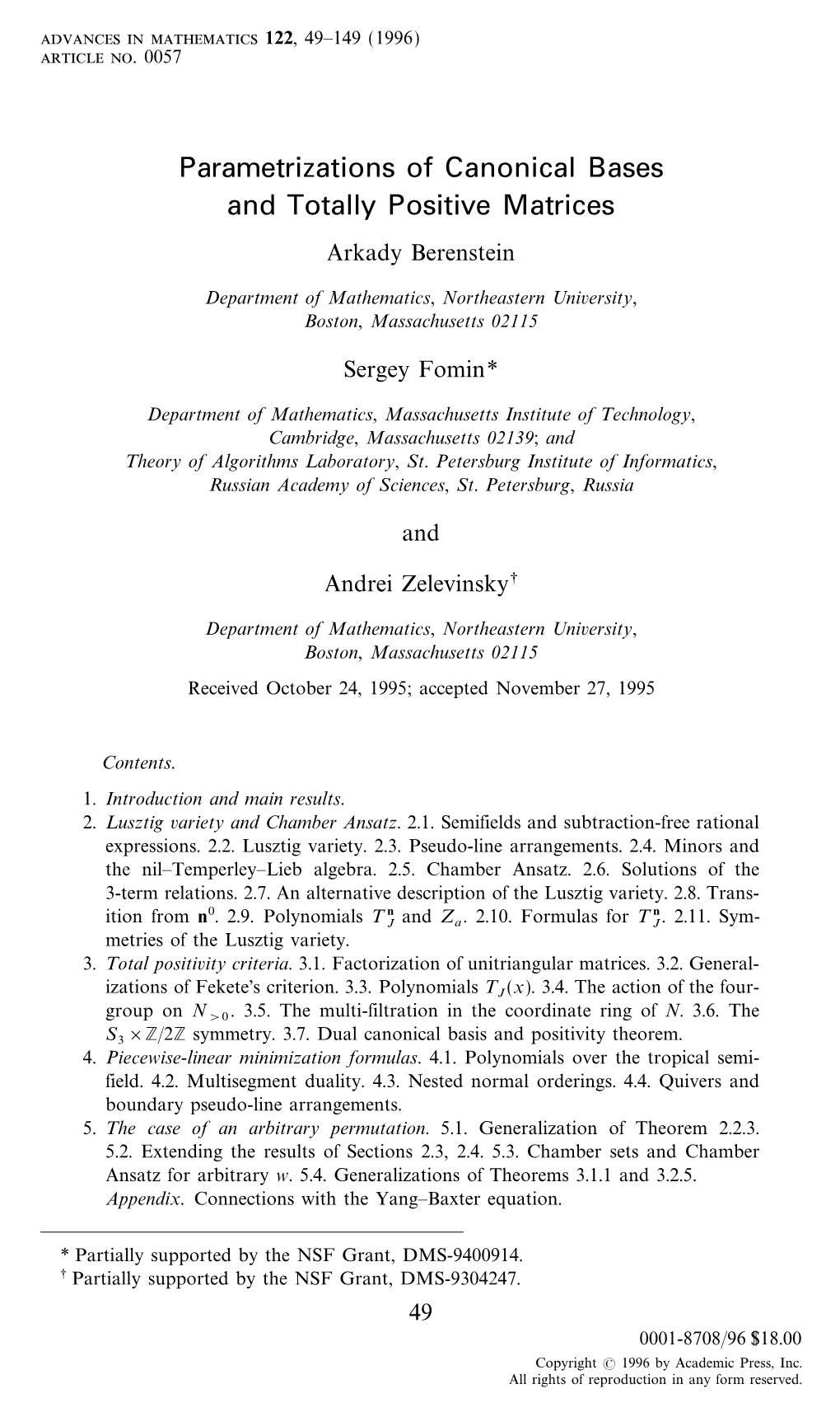 Parametrizations of Canonical Bases and Totally Positive Matrices Arkady Berenstein