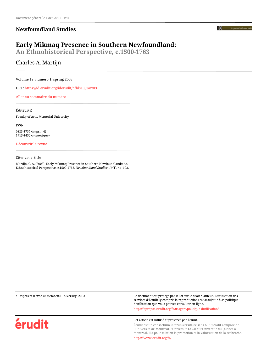 Early Mikmaq Presence in Southern Newfoundland:: an Ethnohistorical Perspective, C.1500-1763