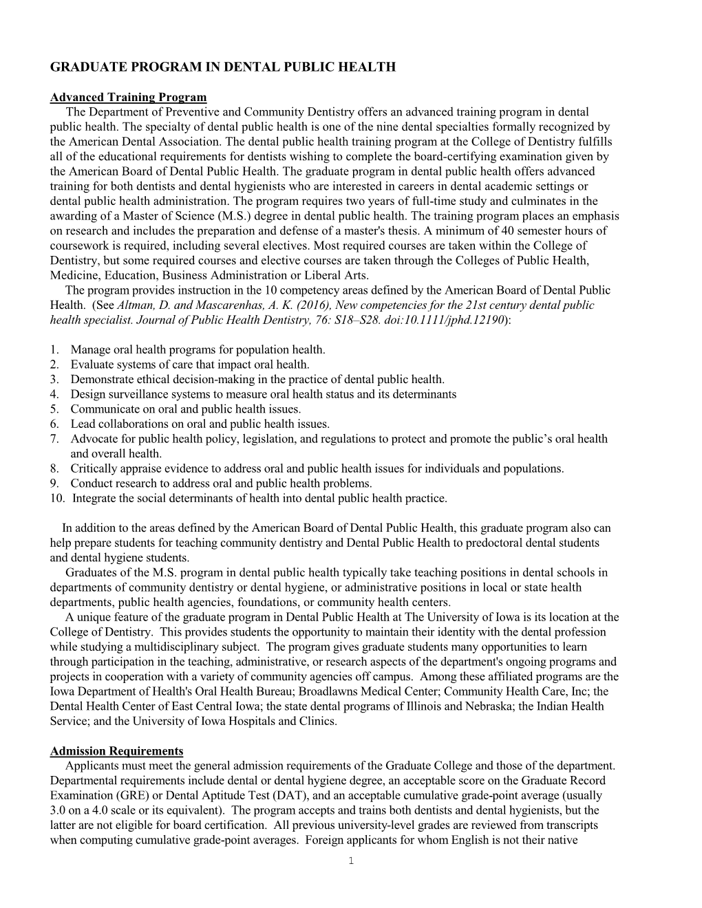 Graduate Program in Dental Public Health