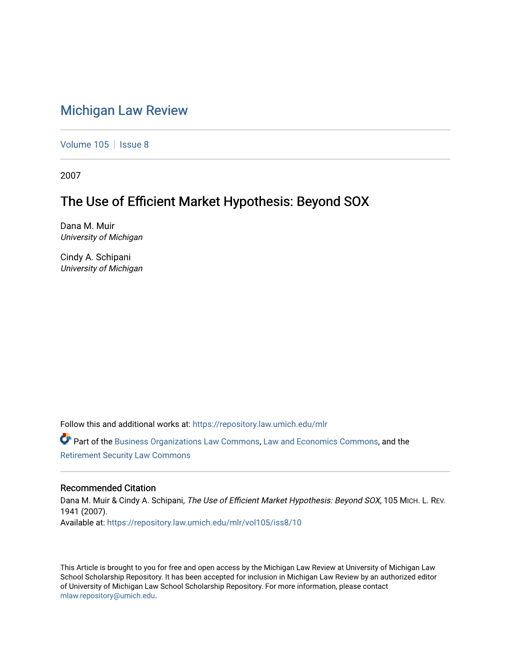 The Use of Efficient Market Hypothesis: Beyond SOX