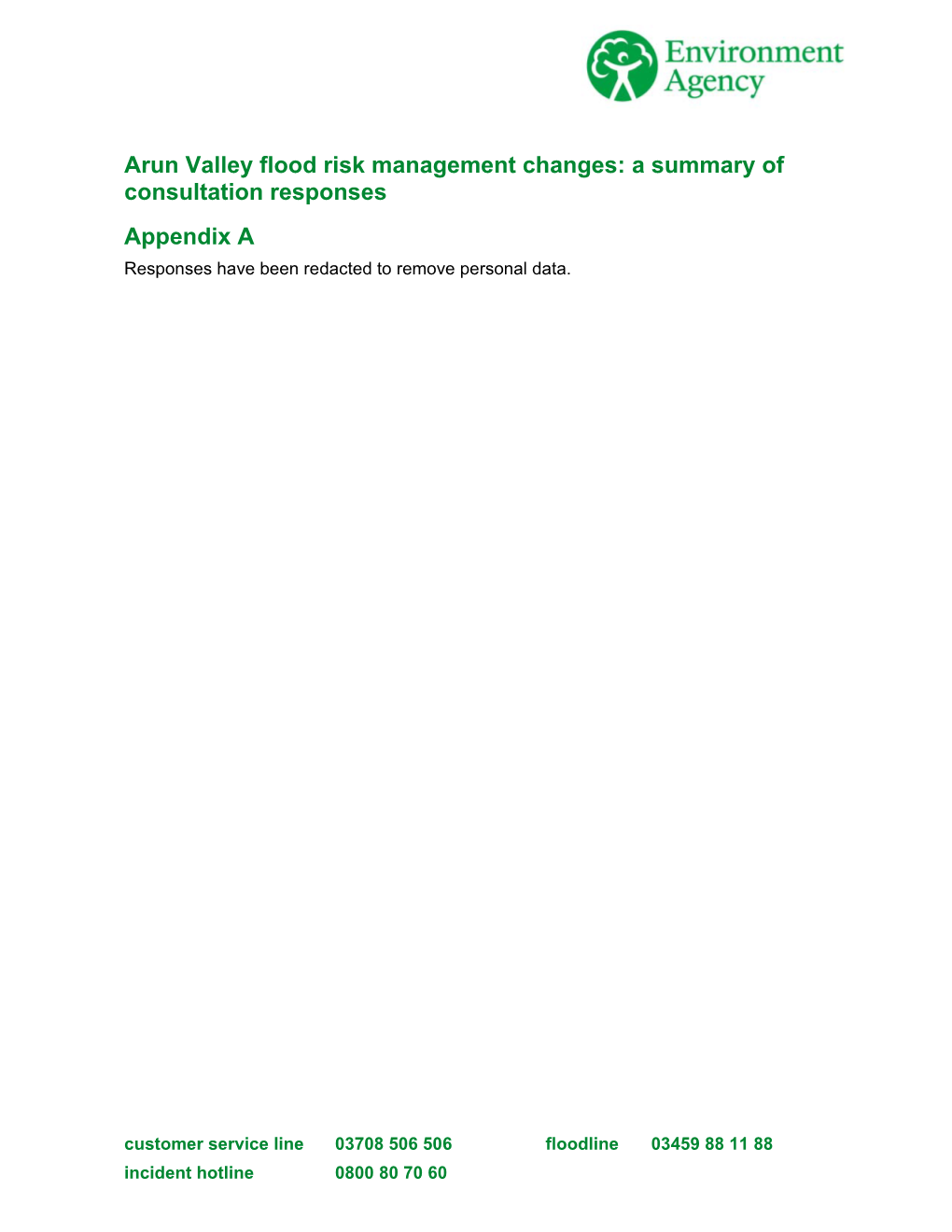 Arun Valley Flood Risk Management Changes: a Summary of Consultation Responses Appendix a Responses Have Been Redacted to Remove Personal Data