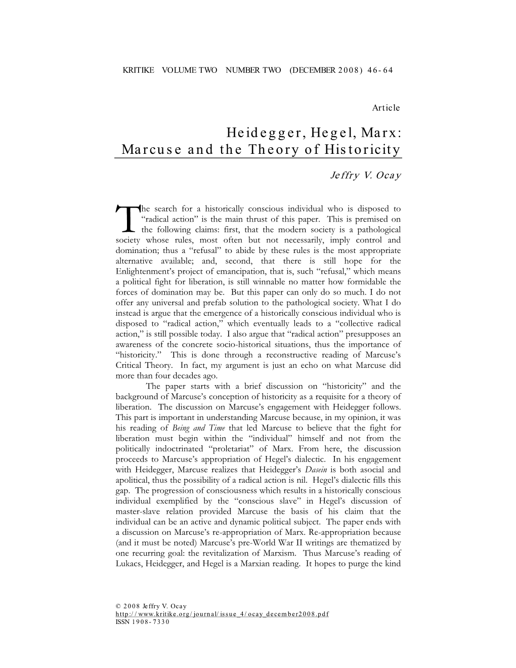 Heidegger, Hegel, Marx: Marcuse and the Theory of Historicity