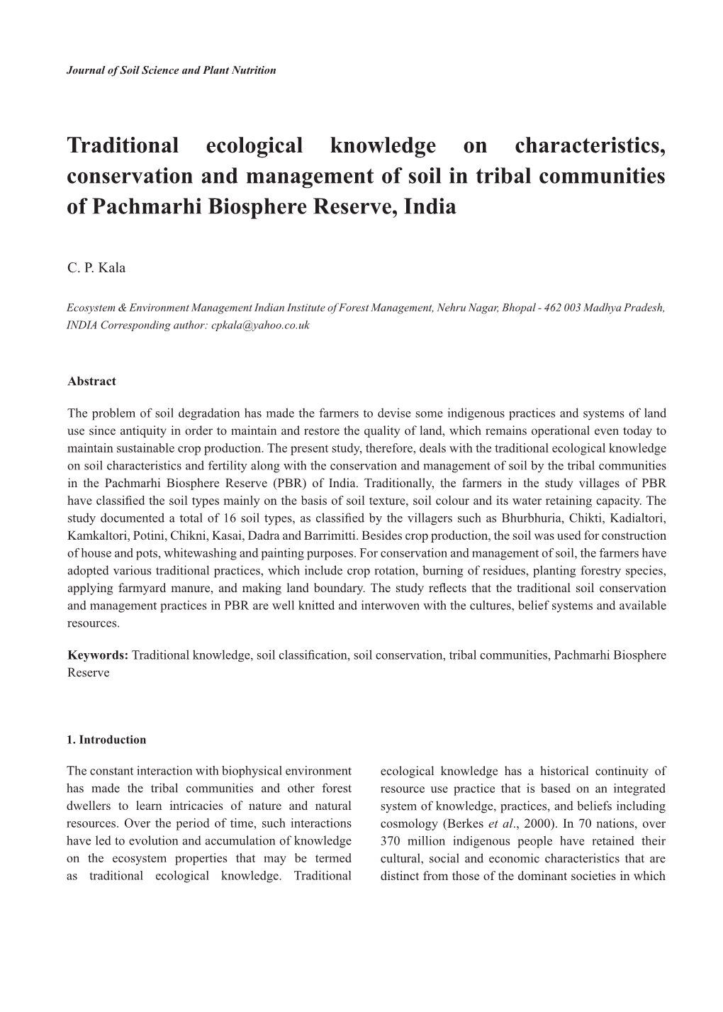 Traditional Ecological Knowledge on Characteristics, Conservation and Management of Soil in Tribal Communities of Pachmarhi Biosphere Reserve, India