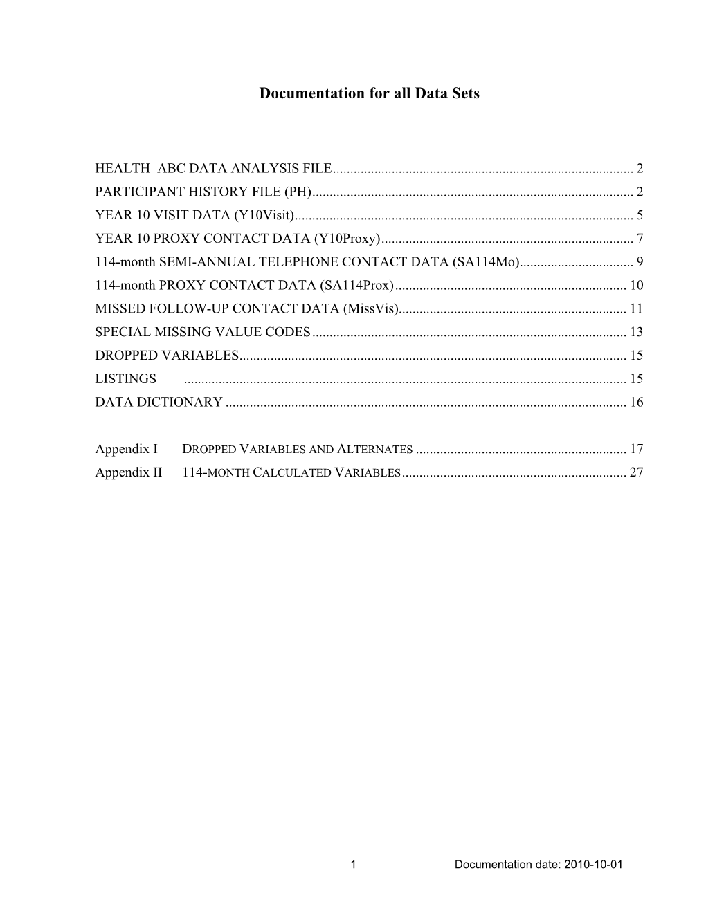 Documentation for All Data Sets