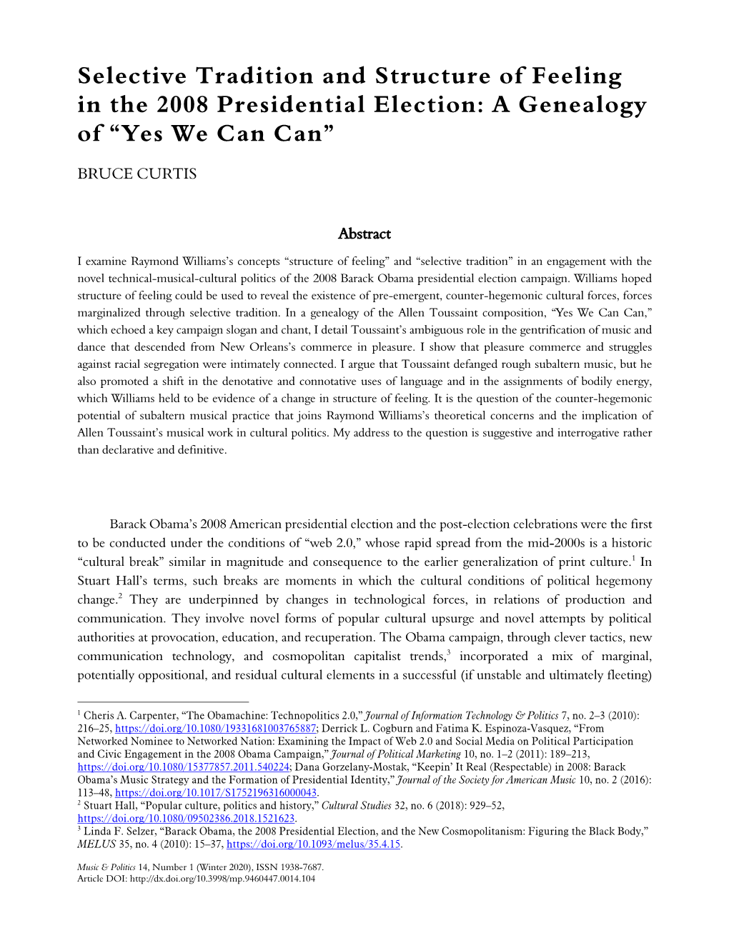 Selective Tradition and Structure of Feeling in the 2008 Presidential Election: a Genealogy of “Yes We Can Can”