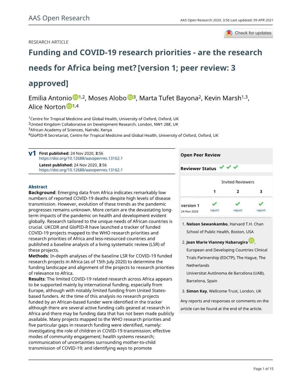 Funding and COVID-19 Research Priorities - Are the Research Needs for Africa Being Met? [Version 1; Peer Review: 3 Approved]
