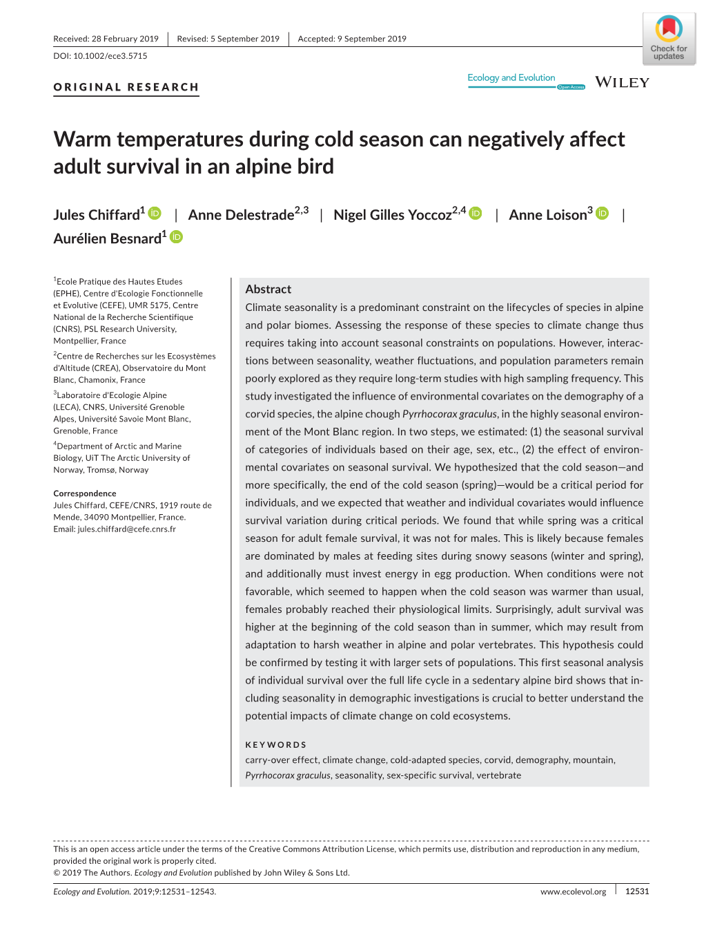 Warm Temperatures During Cold Season Can Negatively Affect Adult Survival in an Alpine Bird