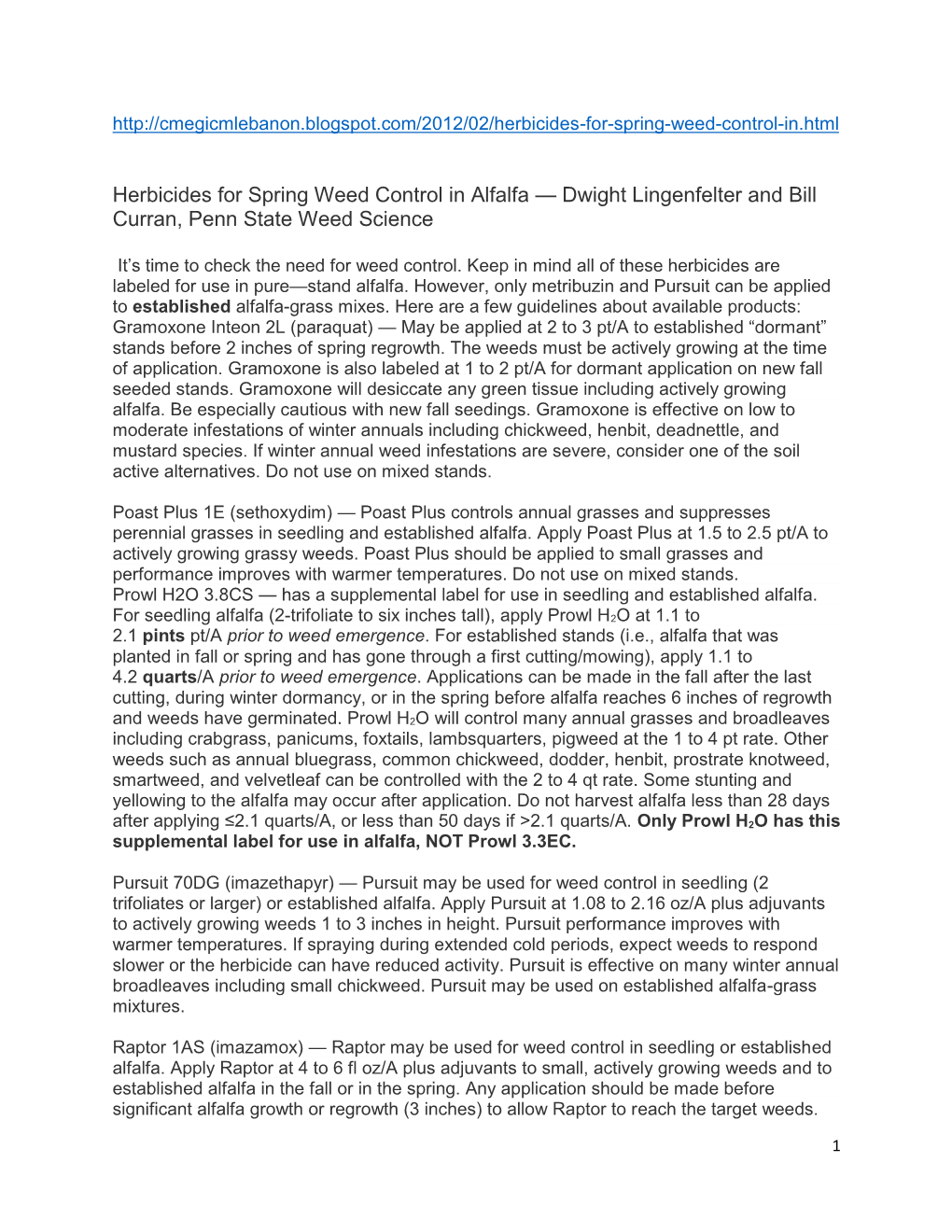 Herbicides for Spring Weed Control in Alfalfa — Dwight Lingenfelter and Bill Curran, Penn State Weed Science