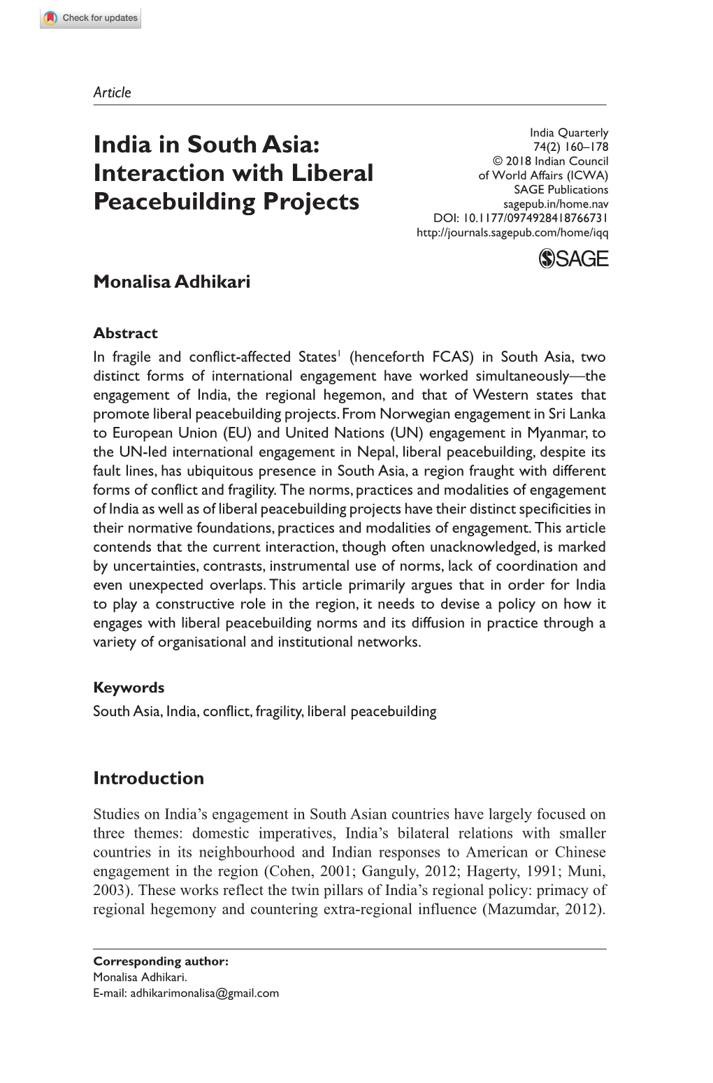 India in South Asia: Interaction with Liberal Peacebuilding Projects