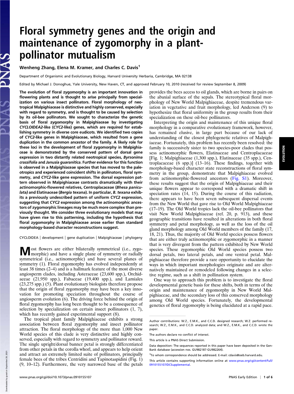 Floral Symmetry Genes and the Origin and Maintenance of Zygomorphy in a Plant- Pollinator Mutualism