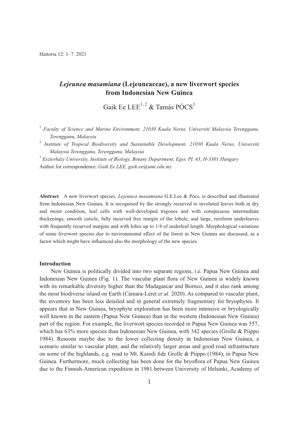 Lejeunea Masamiana (Lejeuneaceae), a New Liverwort Species from Indonesian New Guinea