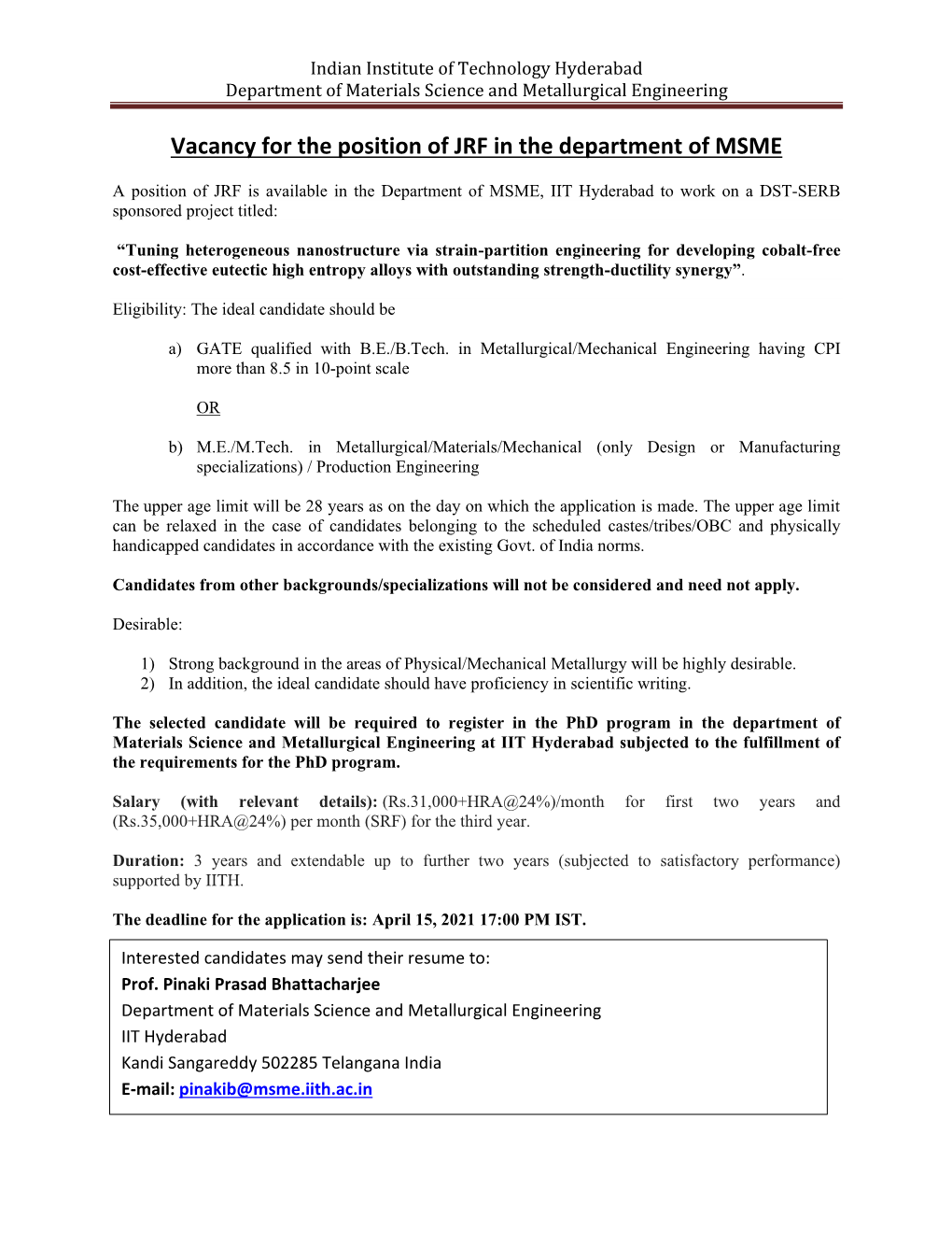 Vacancy for the Position of JRF in the Department of MSME