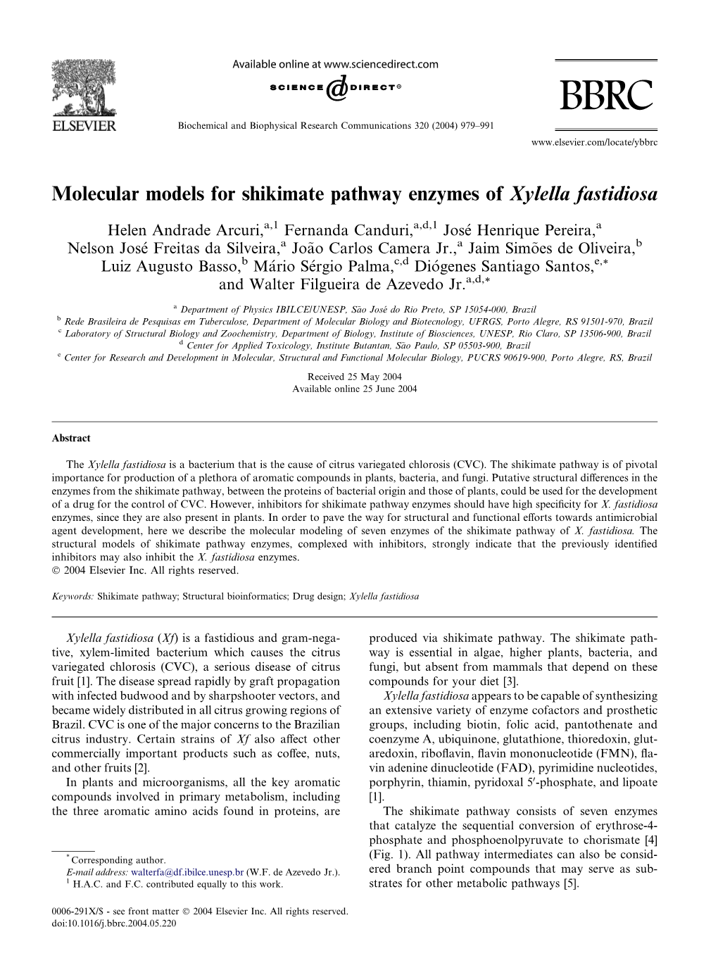 Molecular Models for Shikimate Pathway Enzymes of Xylella Fastidiosa
