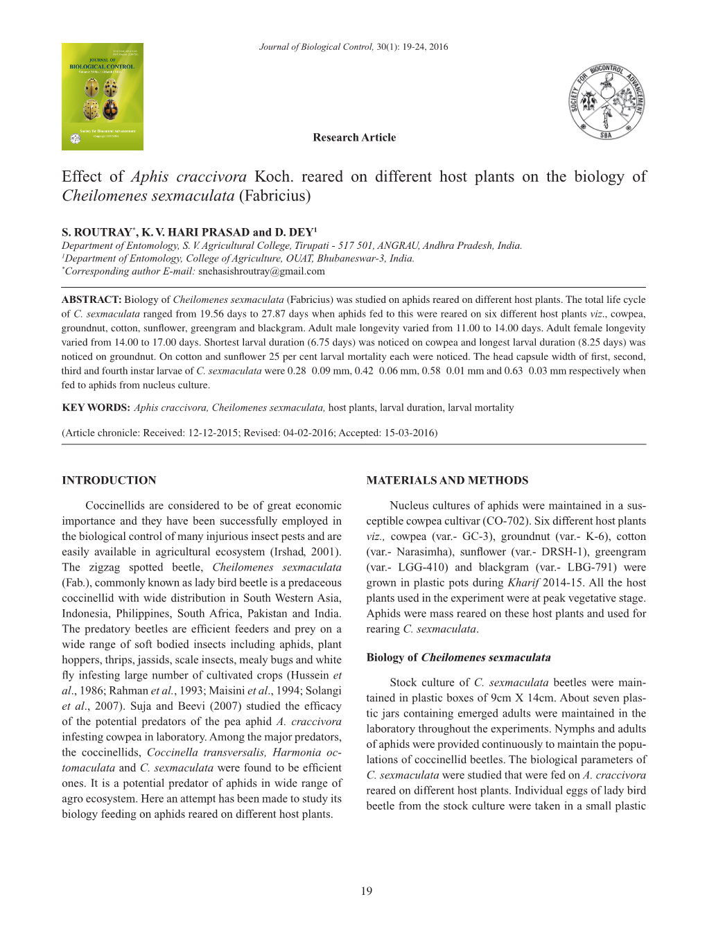 Effect of Aphis Craccivora Koch. Reared on Different Host Plants on the Biology of Cheilomenes Sexmaculata (Fabricius)