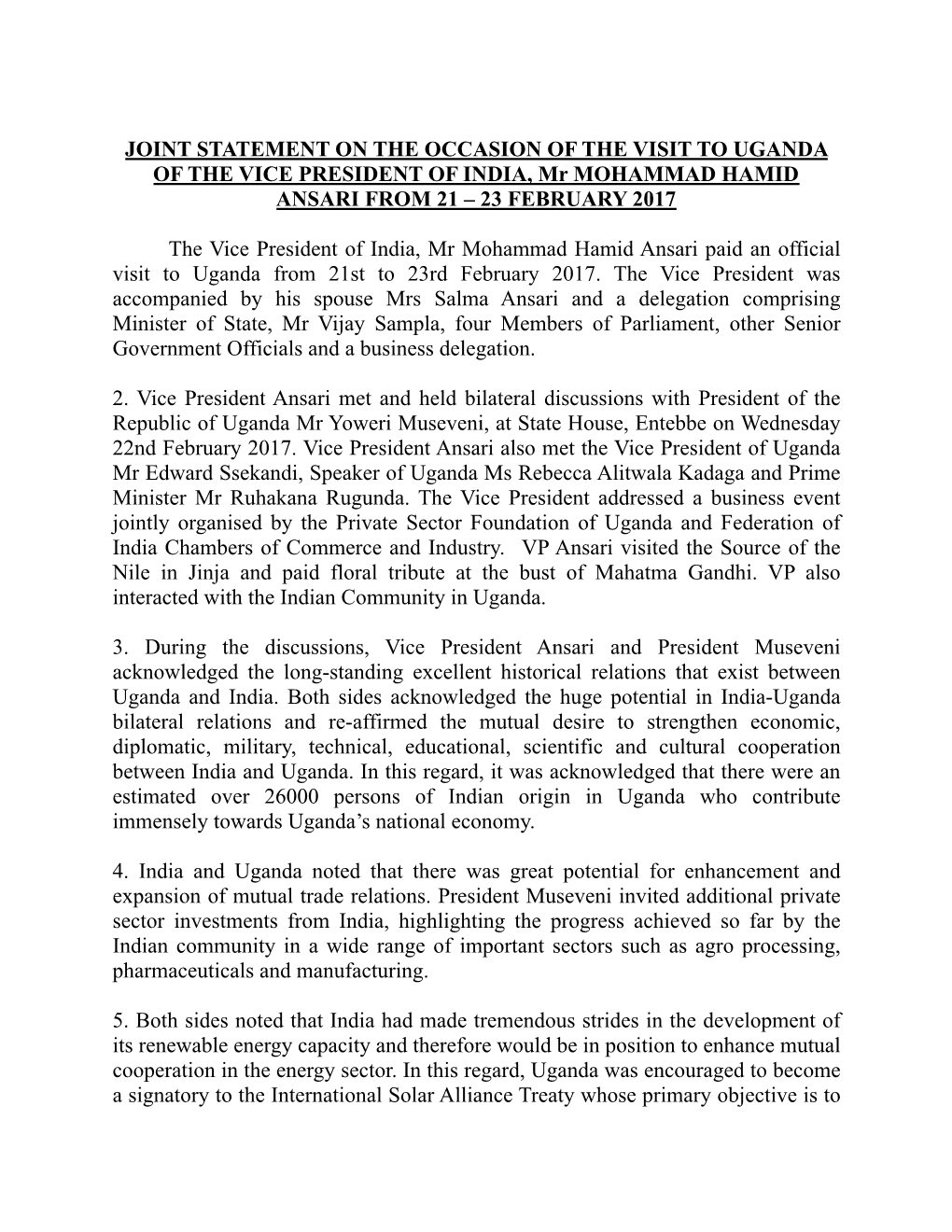 Uganda Joint Statement