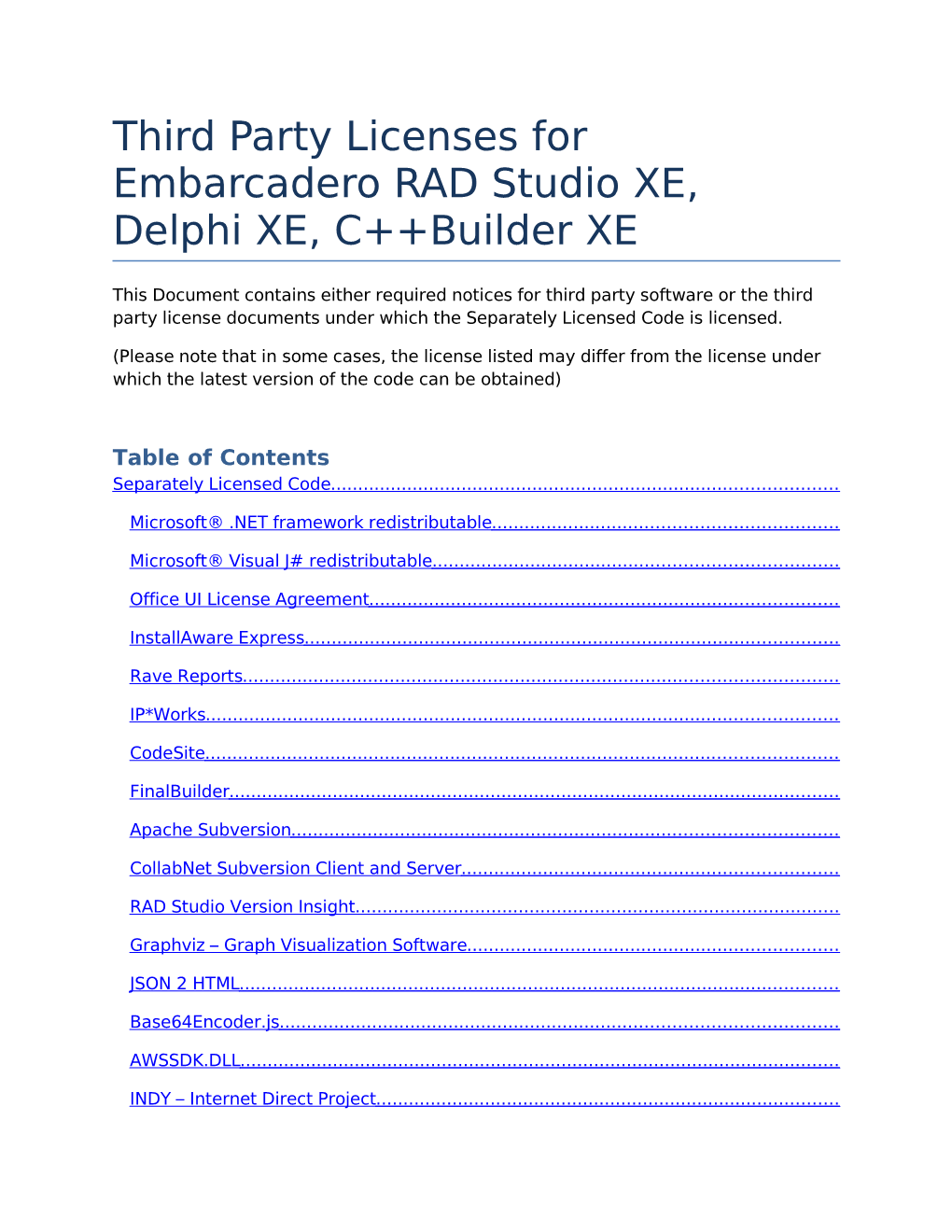 Third Party Licenses for Embarcadero RAD Studio XE, Delphi XE, C++Builder XE