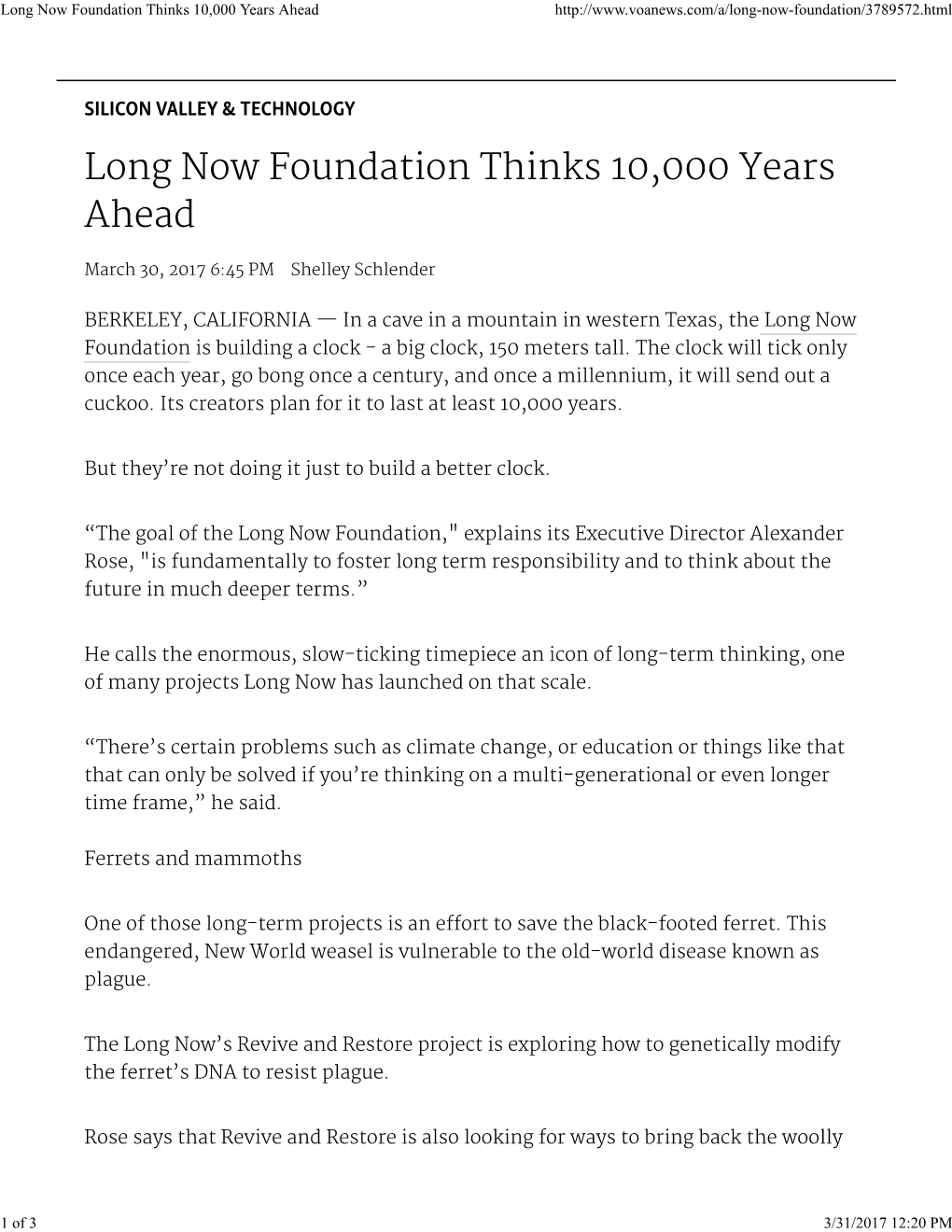 Long Now Foundation Thinks 10,000 Years Ahead
