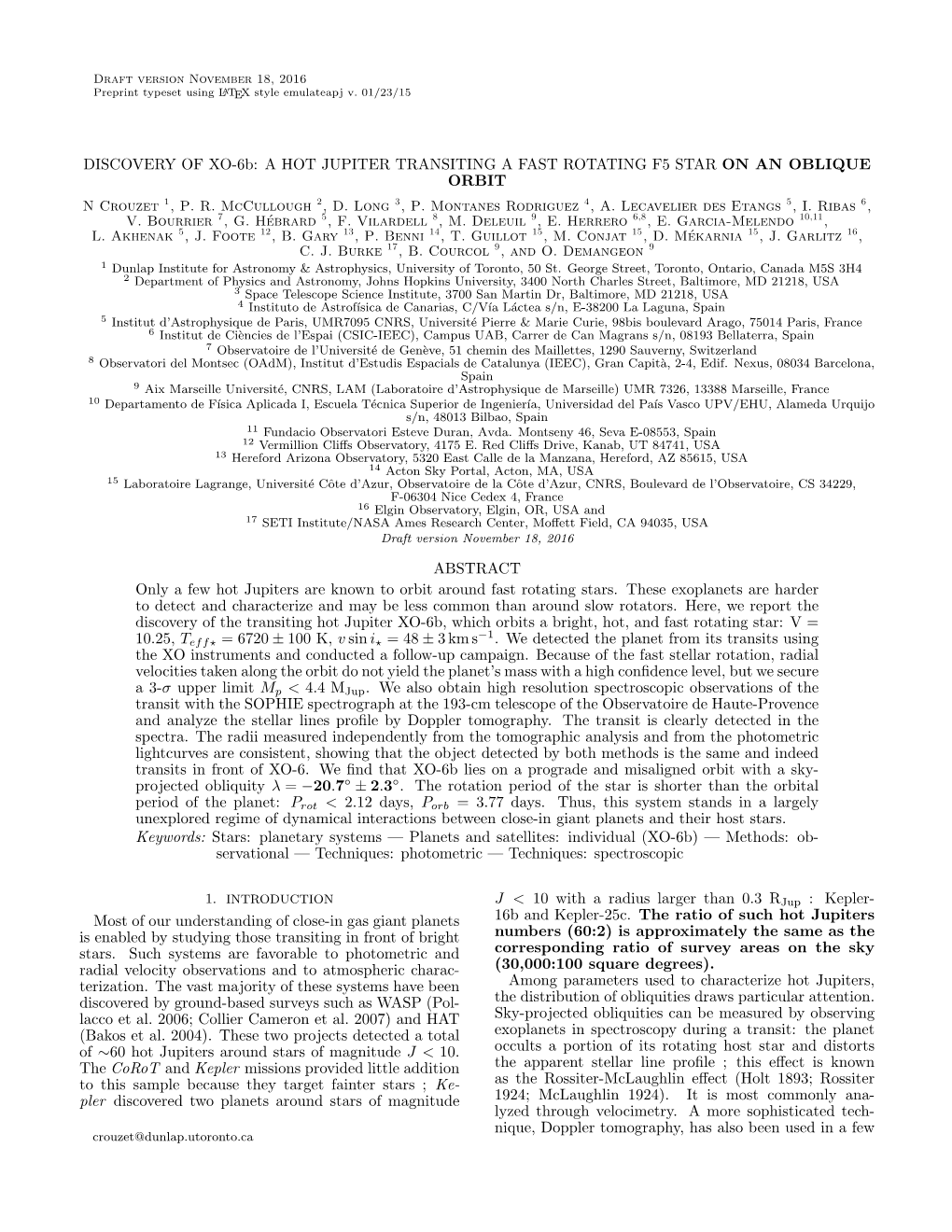 DISCOVERY of XO-6B: a HOT JUPITER TRANSITING a FAST ROTATING F5 STAR on an OBLIQUE ORBIT N Crouzet 1, P