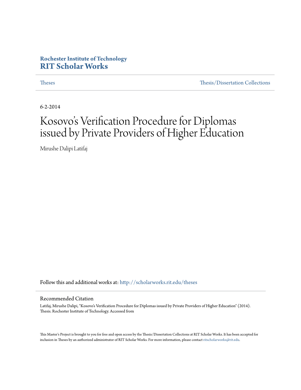Kosovo's Verification Procedure for Diplomas Issued by Private
