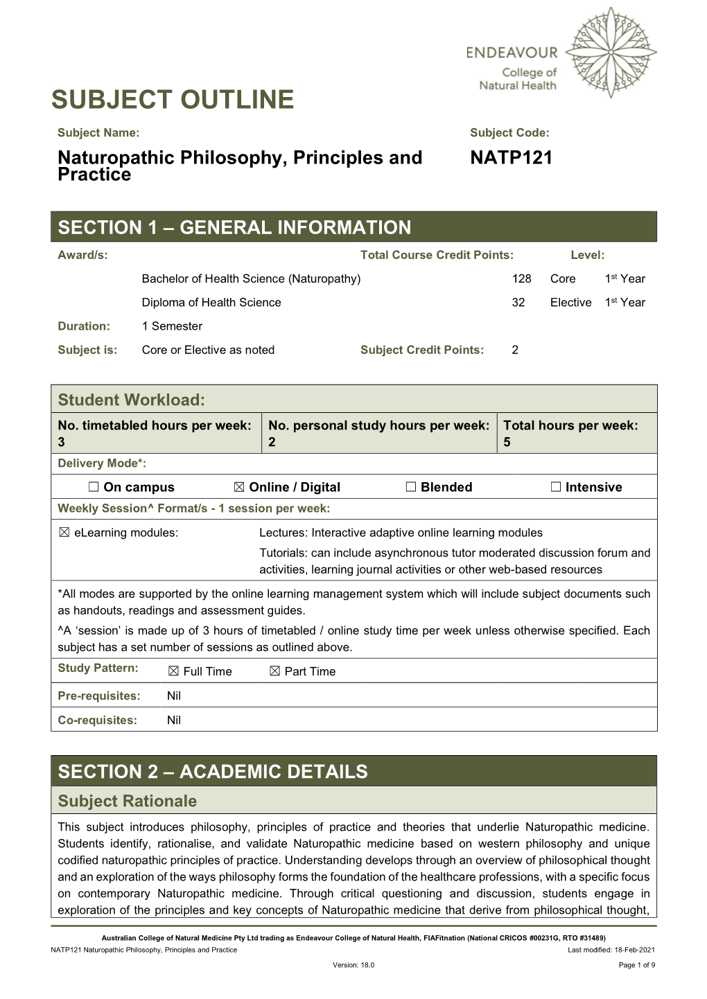 NATP121 Naturopathic Philosophy, Principles and Practice Last Modified: 18-Feb-2021