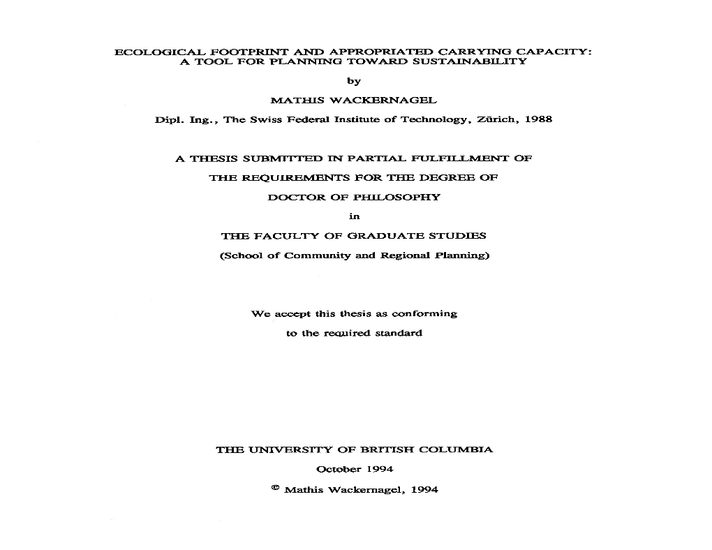 ECOLOGICAL FOOTPRINT AN]) Appropriathd CARRYING CAPACITY: a TOOL for PLANNING TOWARD SUSTAINABILITY