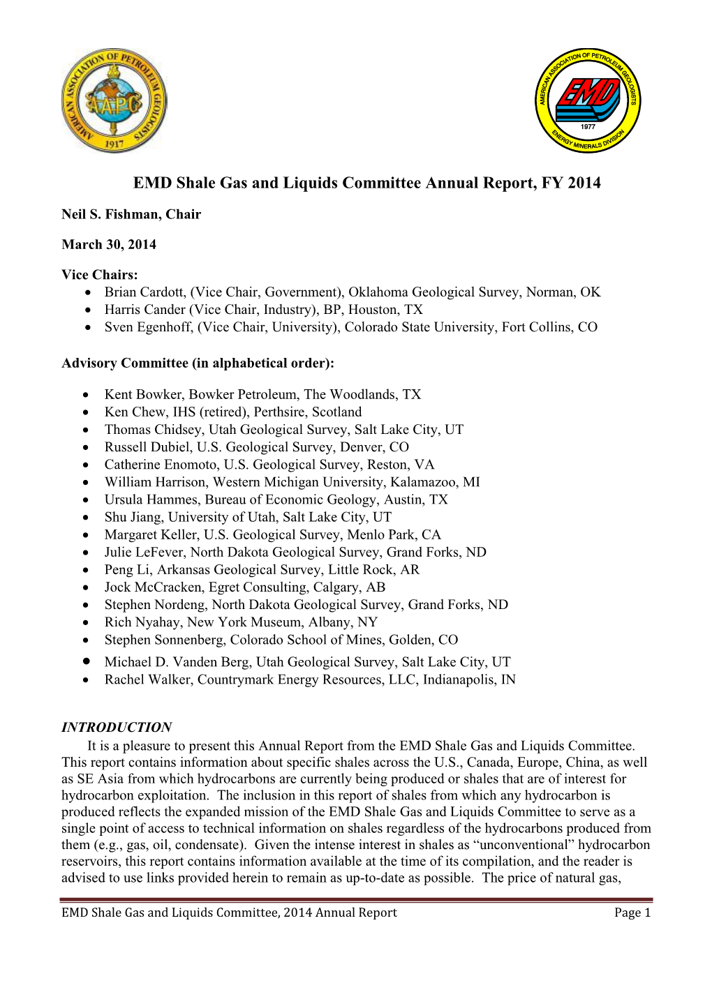 EMD Shale Gas and Liquids Committee Annual Report, FY 2014