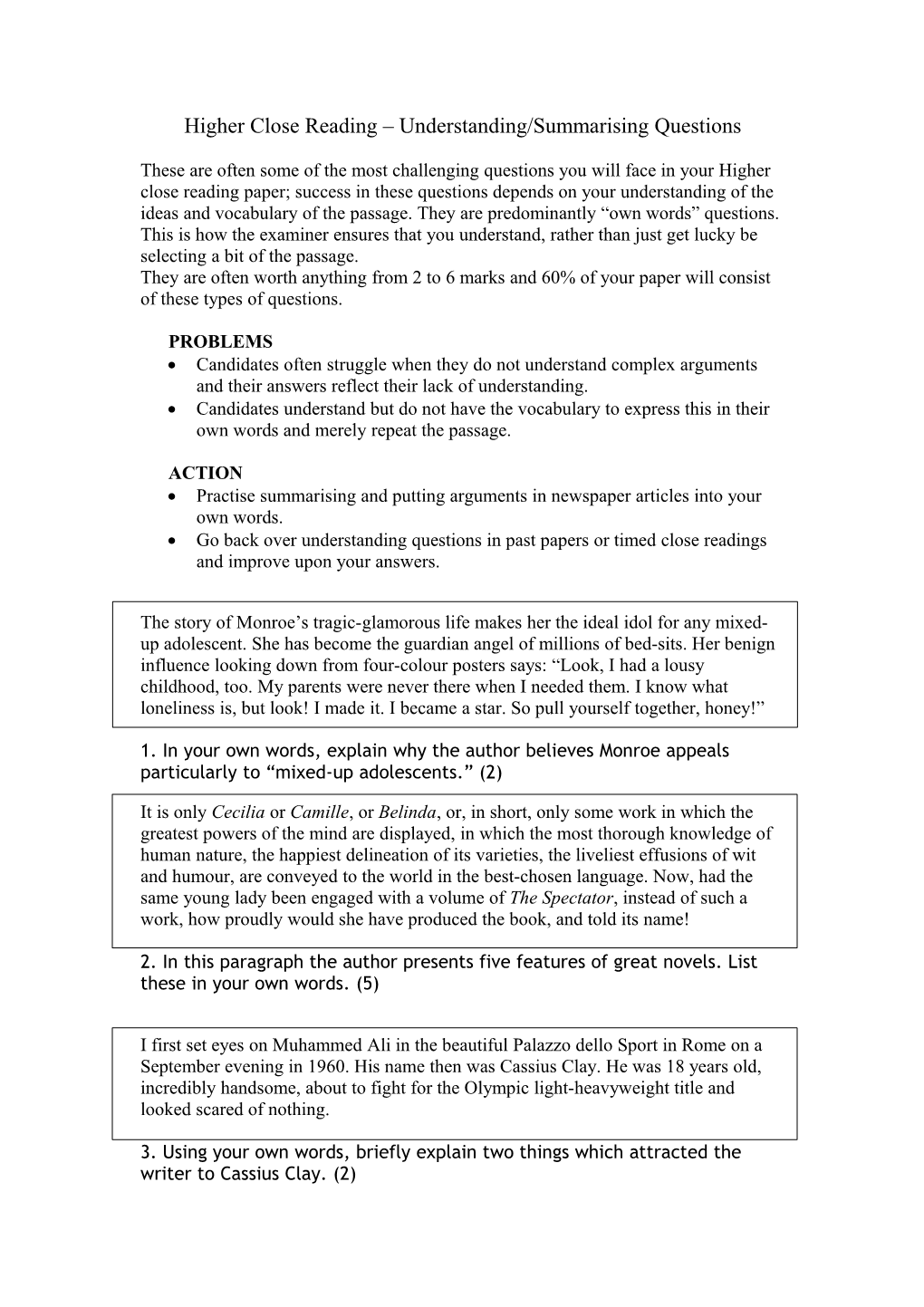 Higher Close Reading – Understanding/Summarising Questions