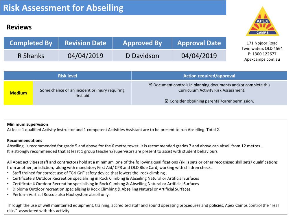 Risk Assessment for Abseiling