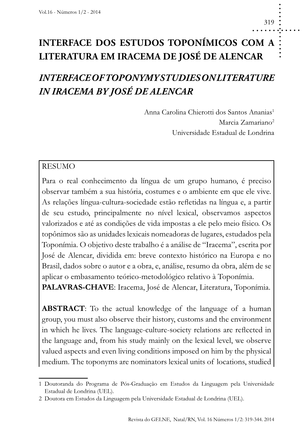 Interface Dos Estudos Toponímicos Com a Literatura Em Iracema De José De Alencar