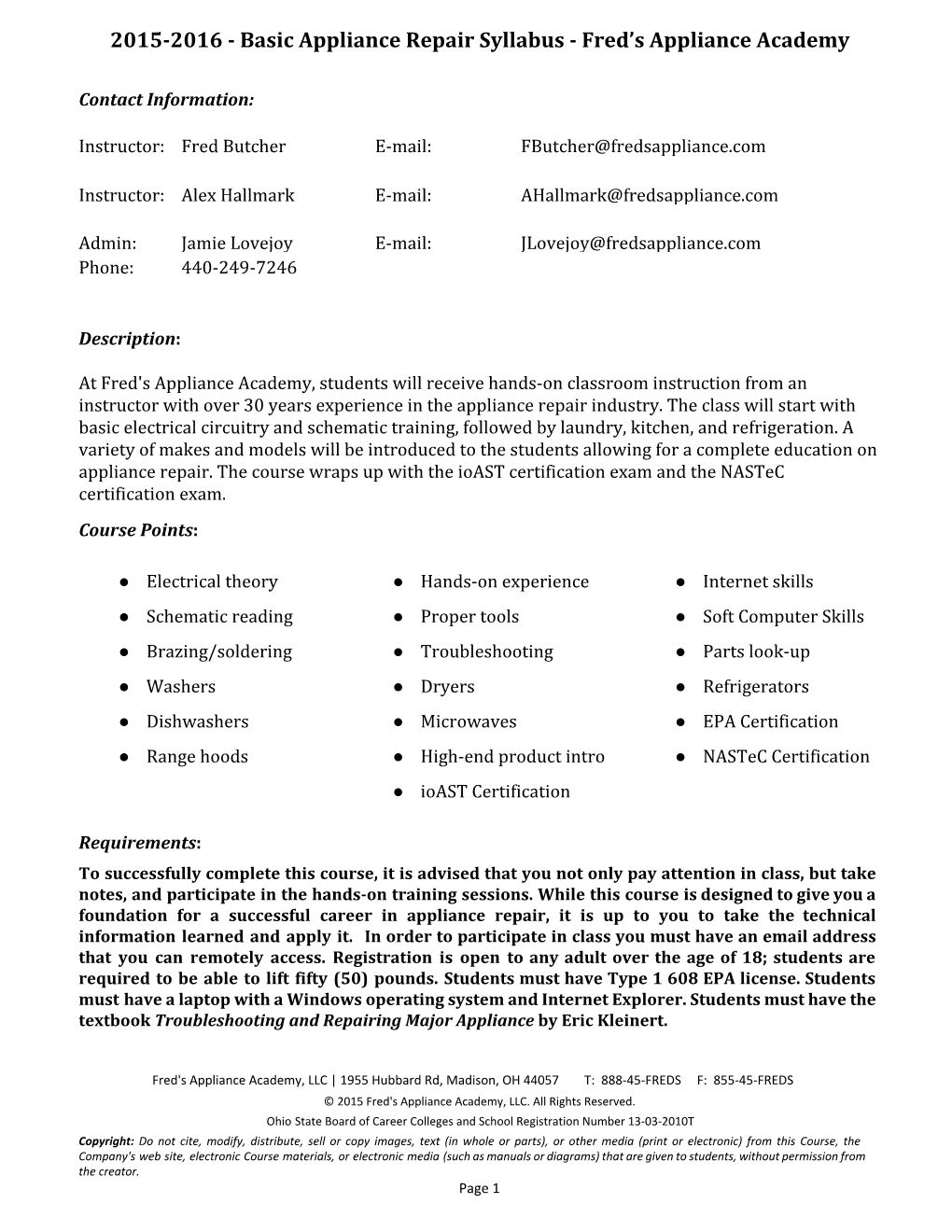 20152016 Basic Appliance Repair Syllabus Fred's Appliance Academy