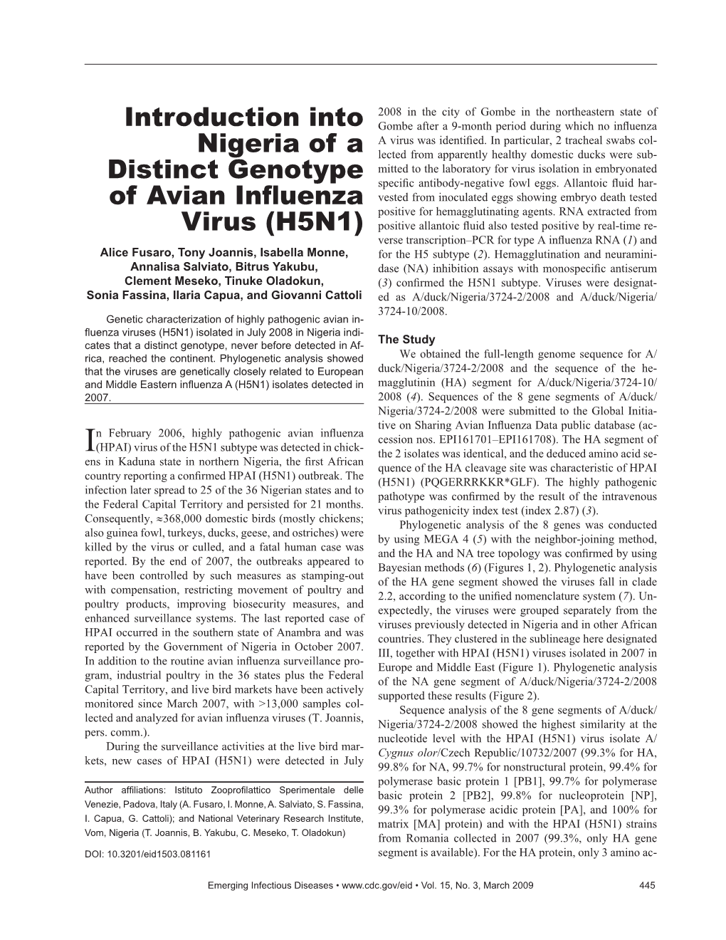 Introduction Into Nigeria of a Distinct Genotype of Avian Influenza Virus