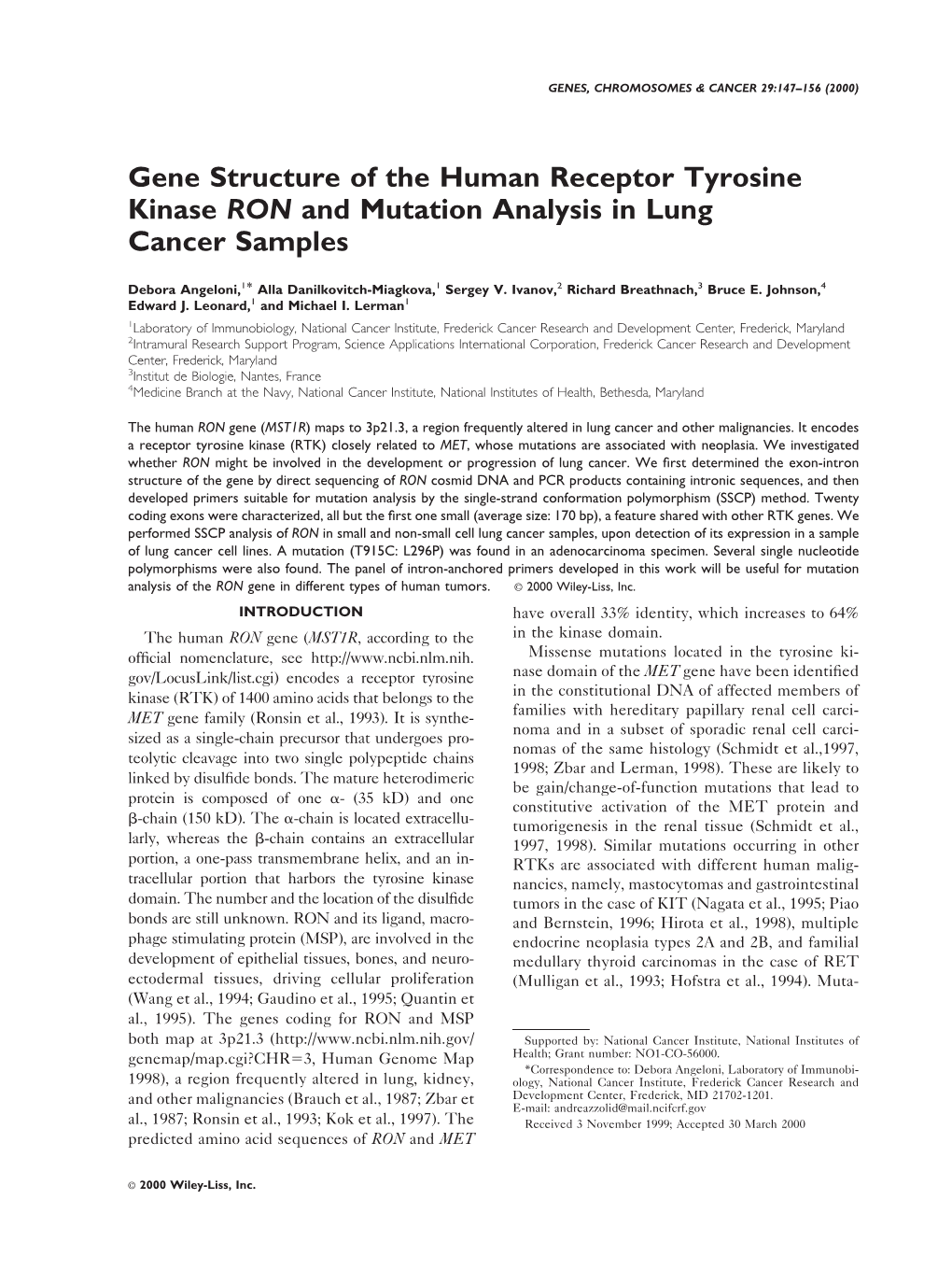 Gene Structure of the Human Receptor Tyrosine Kinase RON And