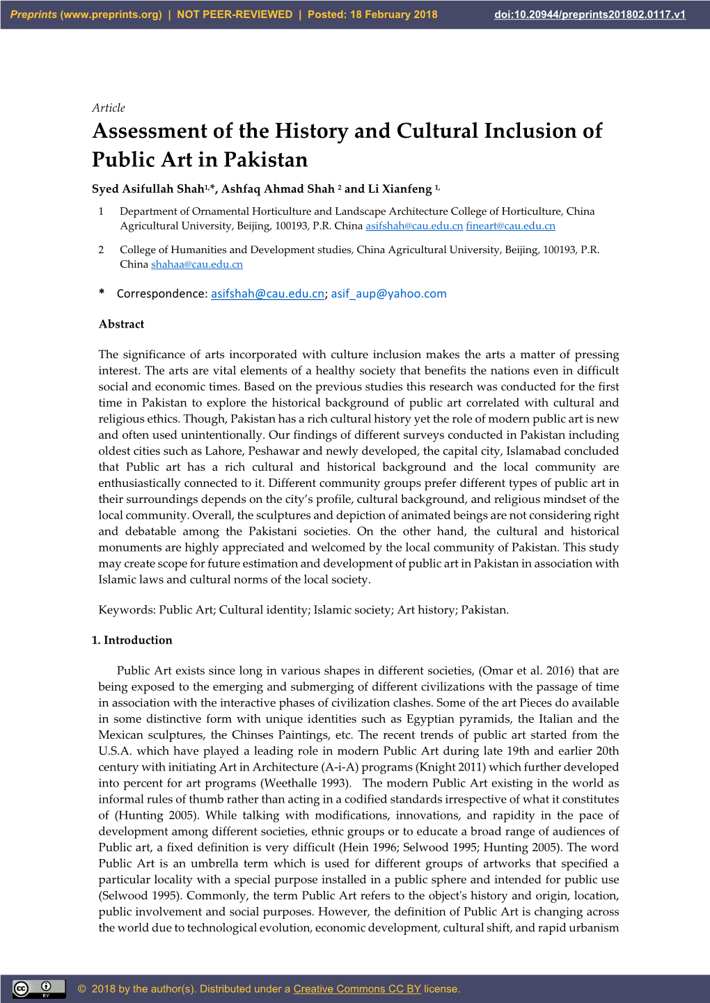 Assessment of the History and Cultural Inclusion of Public Art in Pakistan