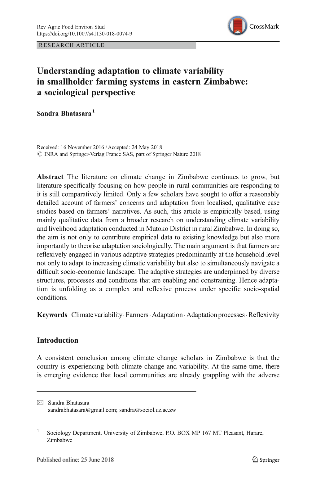 Understanding Adaptation to Climate Variability in Smallholder Farming Systems in Eastern Zimbabwe: a Sociological Perspective