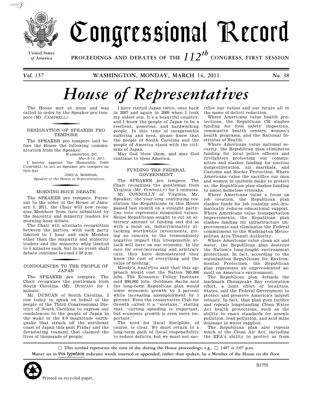 Congressional Record United States Th of America PROCEEDINGS and DEBATES of the 112 CONGRESS, FIRST SESSION