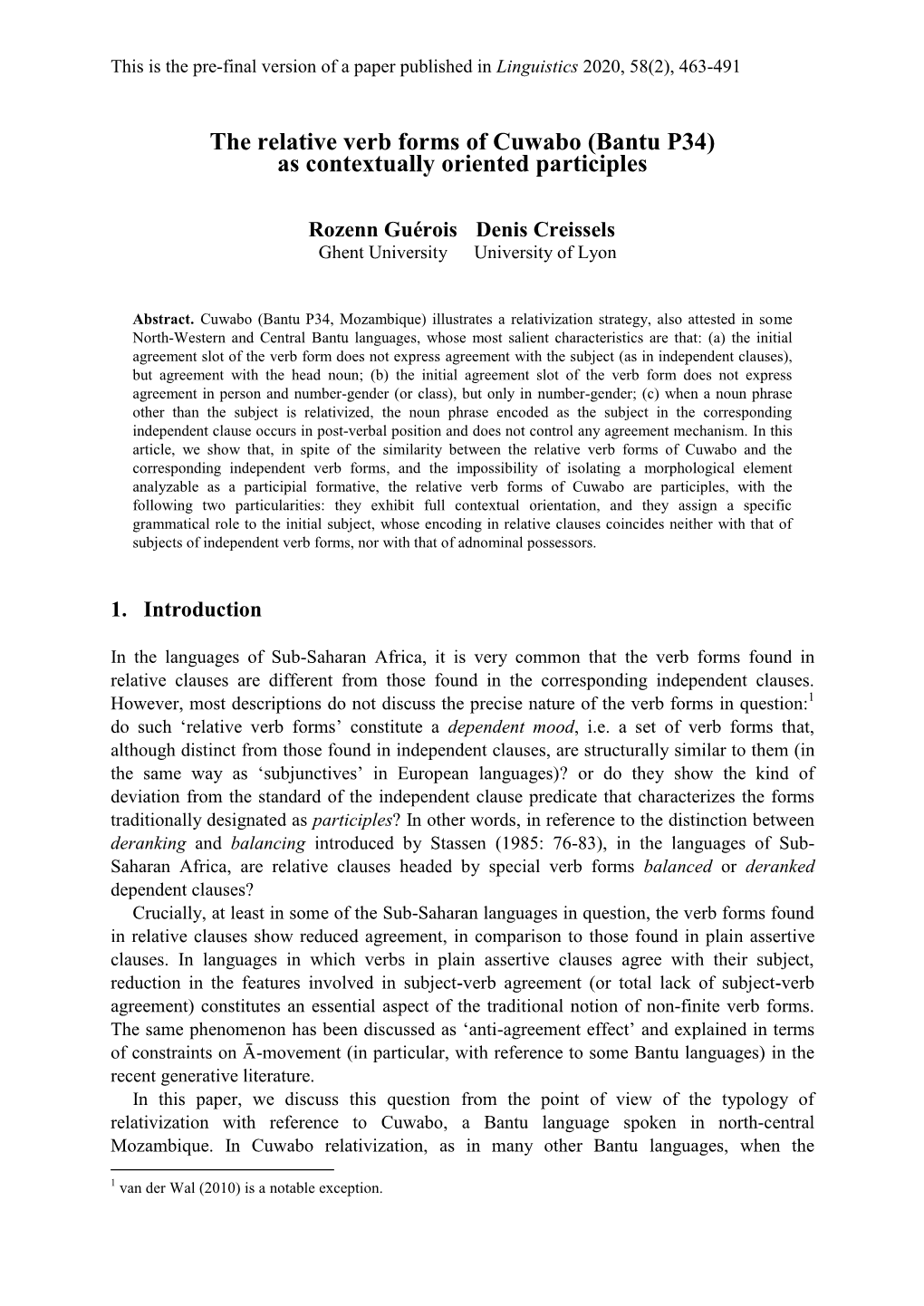 The Relative Verb Forms of Cuwabo (Bantu P34) As Contextually Oriented Participles