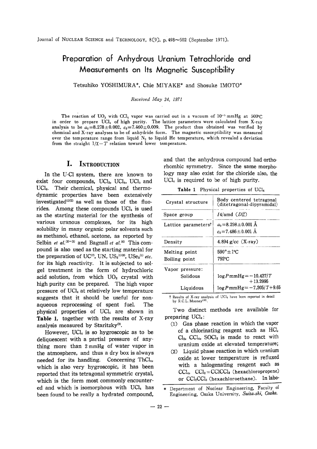 Preparation of Anhydrous Uranium Tetrachloride and Measurements on Its Magnetic Susceptibility