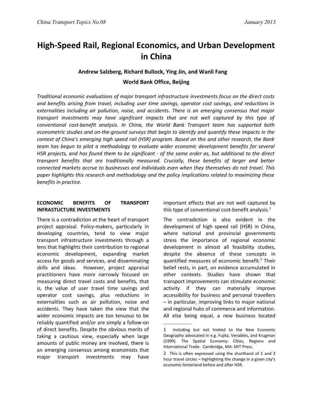 High-Speed Rail, Regional Economics, and Urban Development in China