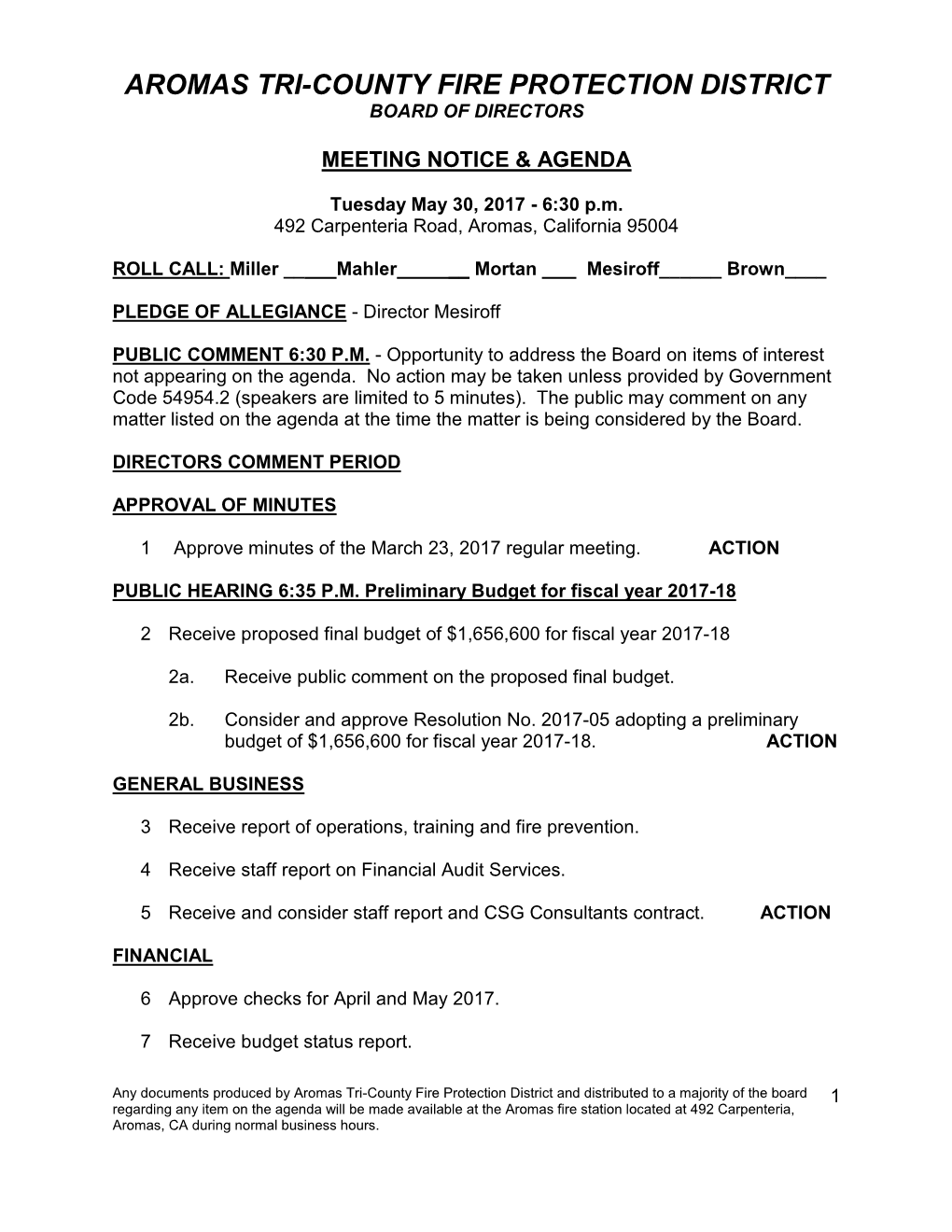 Before the Board of Directors, Aromas Tri-County Fire Protection District, County of Monterey, State of California