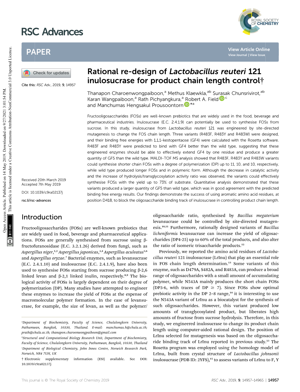 Rational Re-Design of Lactobacillus Reuteri 121 Inulosucrase for Product