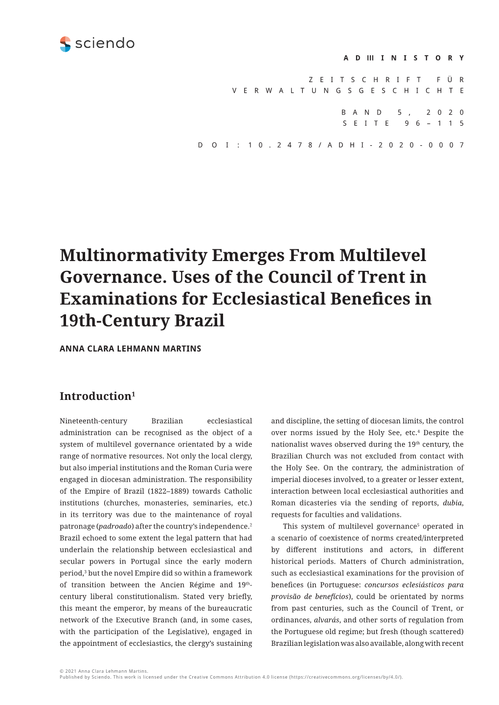 Multinormativity Emerges from Multilevel Governance. Uses of the Council of Trent in Examinations for Ecclesiastical Benefices in 19Th-Century Brazil