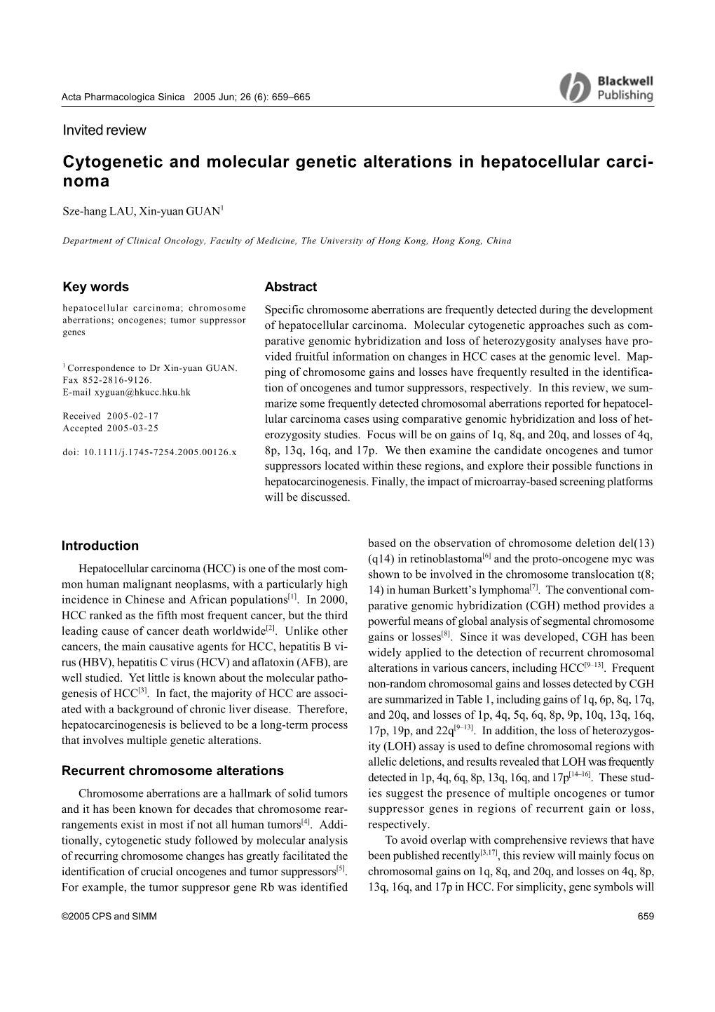 Cytogenetic and Molecular Genetic Alterations in Hepatocellular Carci- Noma