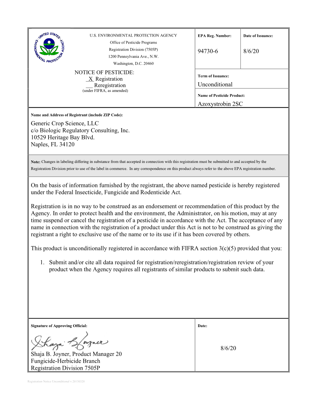 US EPA, Pesticide Product Label, Azoxystrobin 2SC,08/06/2020