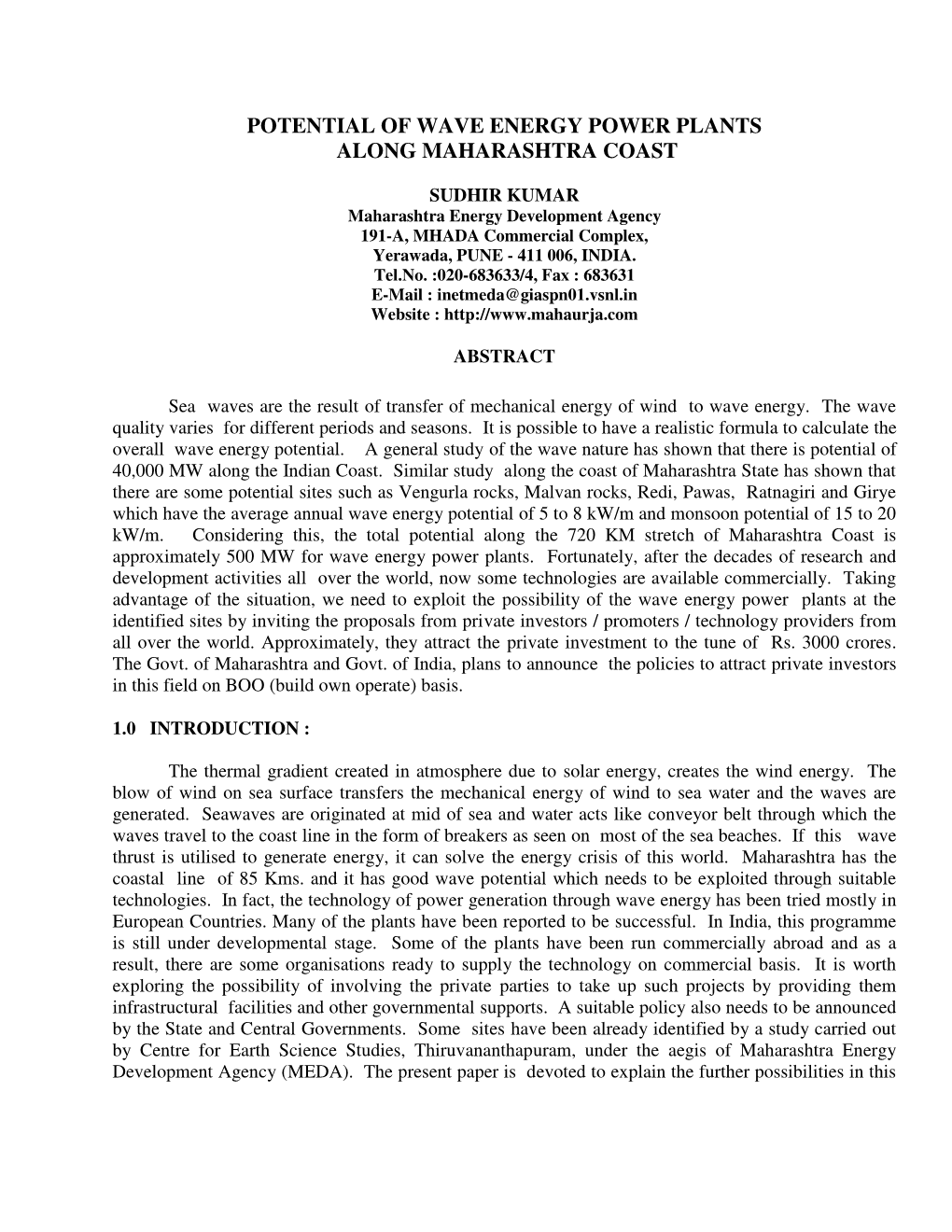 Potential of Wave Energy Power Plants Along Maharashtra Coast