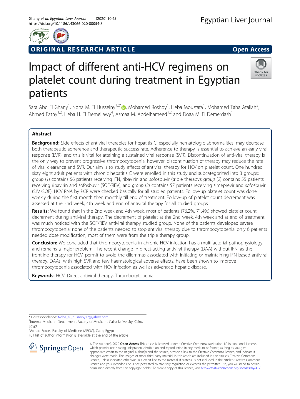 Impact of Different Anti-HCV Regimens on Platelet Count During Treatment in Egyptian Patients Sara Abd El Ghany1, Noha M