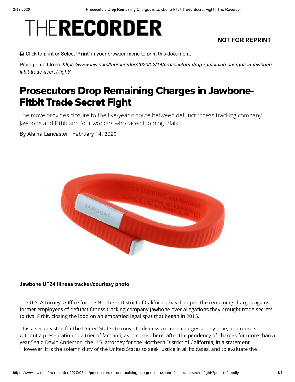 Prosecutors Drop Remaining Charges in Jawbone- Fitbit Trade Secret Fight