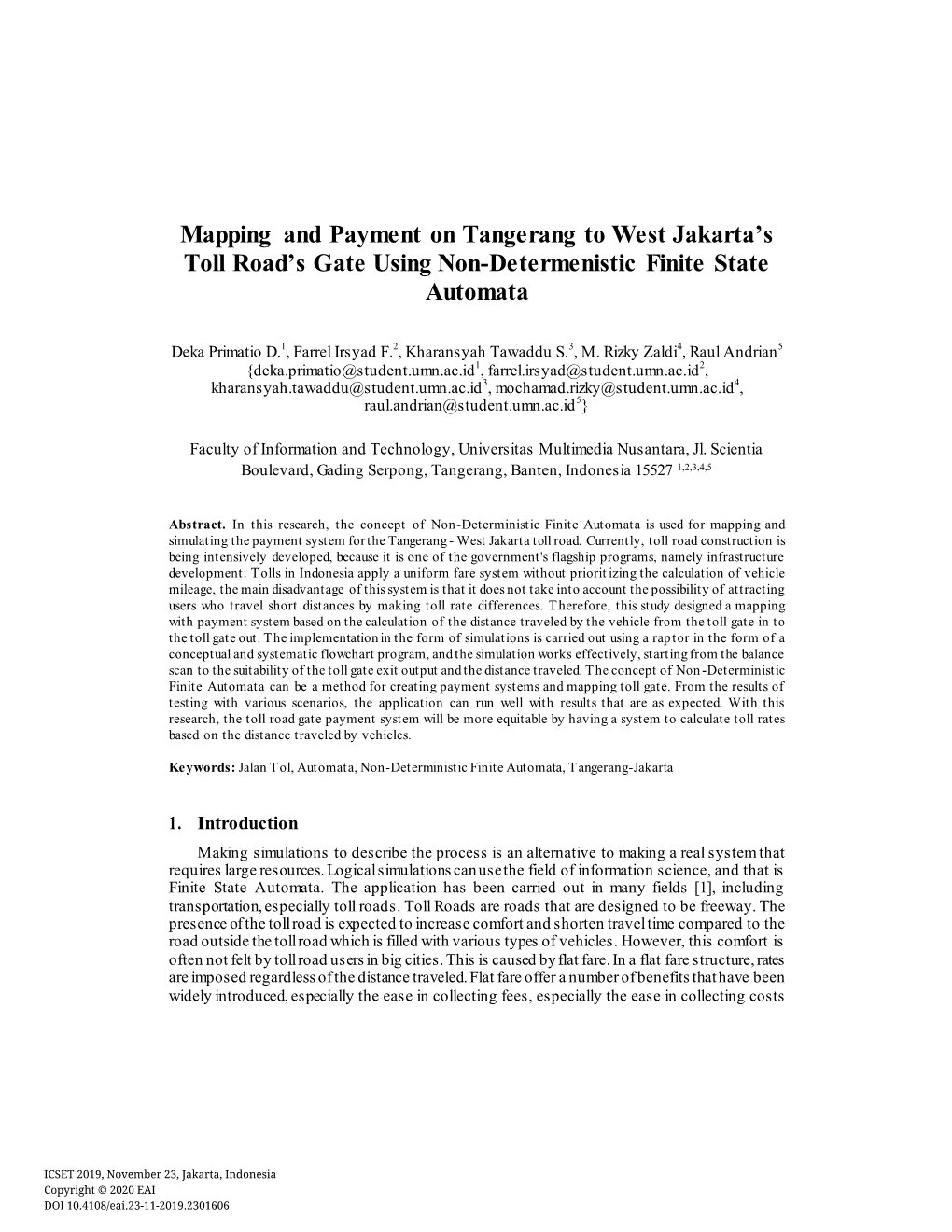 Mapping and Payment on Tangerang to West Jakarta's Toll Road's Gate Using Non-Determenistic Finite State Automata