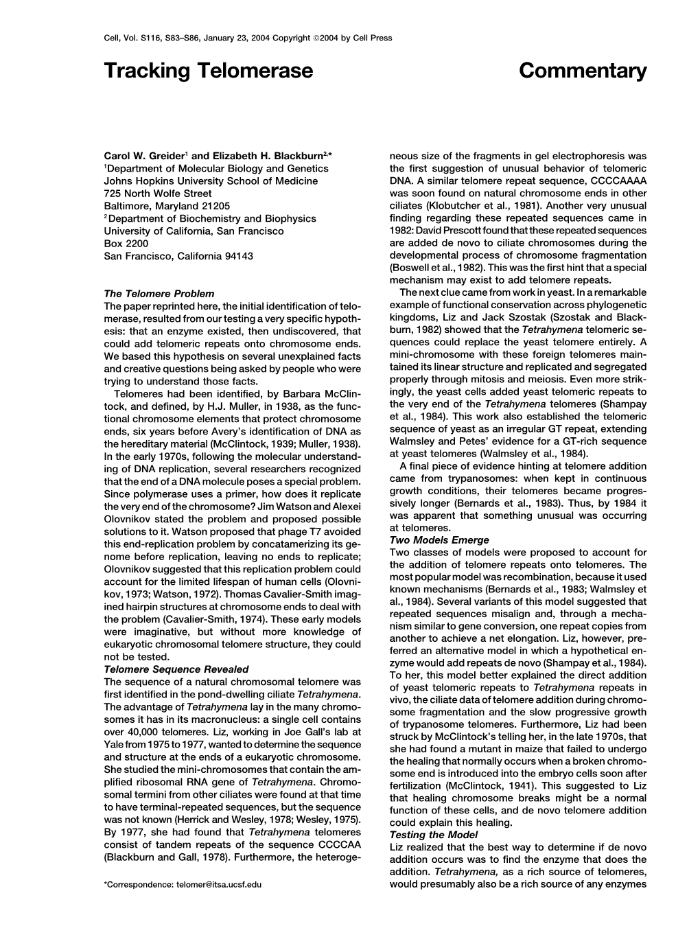 Commentary Tracking Telomerase