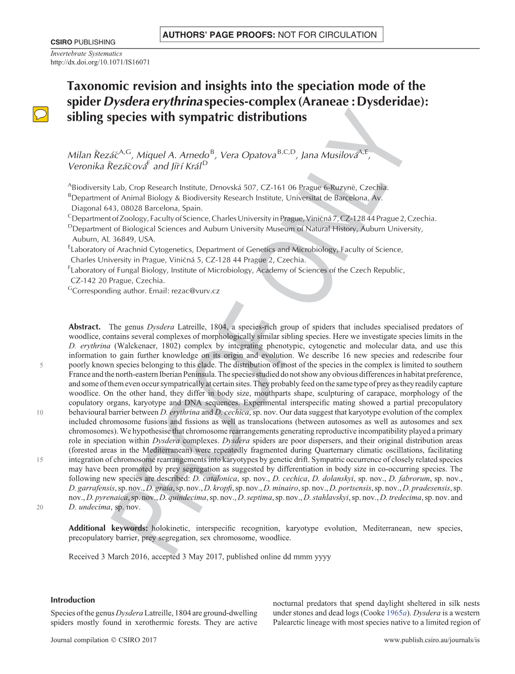 Taxonomic Revision and Insights Into the Speciation Mode of the Spider Dysdera Erythrina Species-Complex (Araneae&Thinsp;:&A