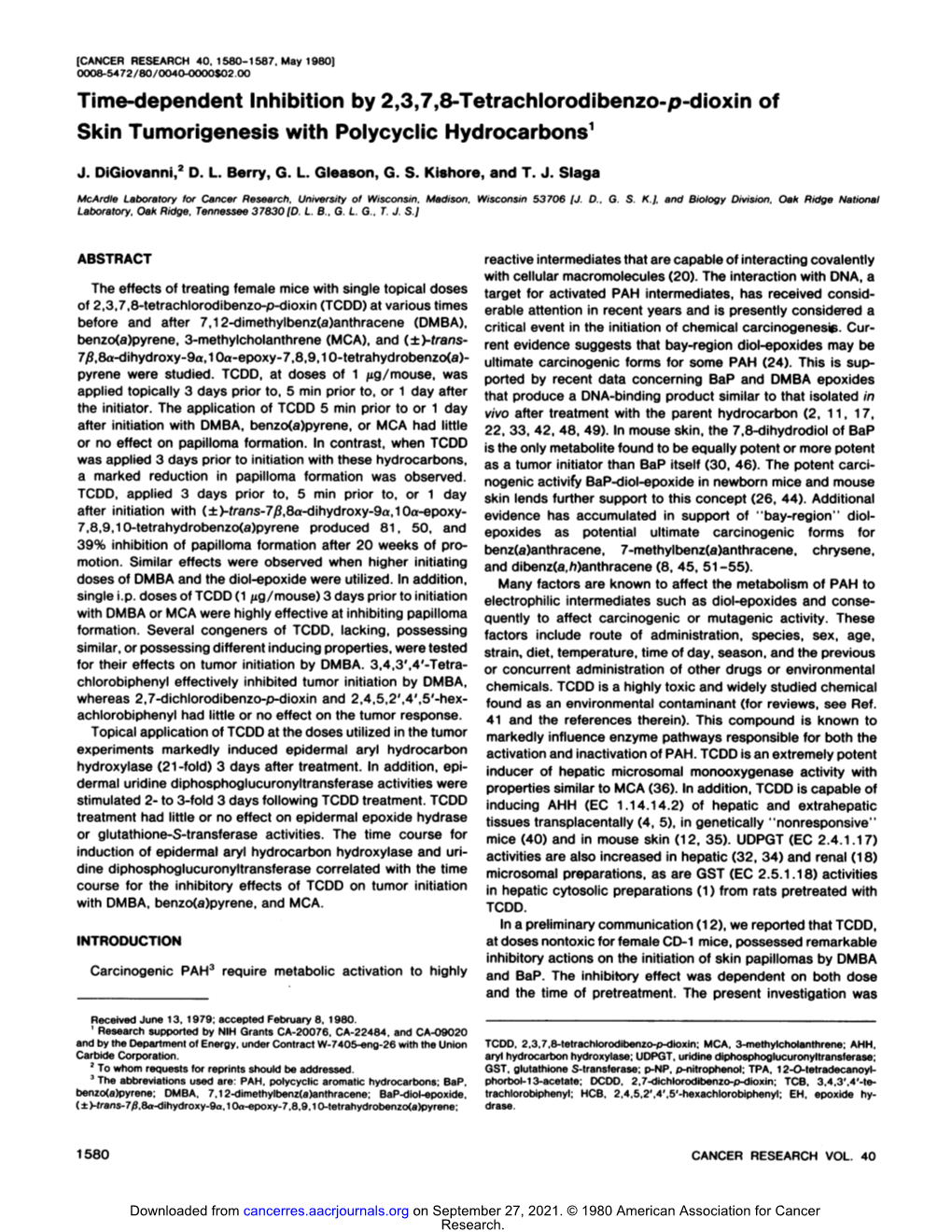 Time-Dependent Inhibition by 2,3,7,8-Tetrachlorodibenzo-P-Dioxin of Skin Tumorigenesis with Polycyclic Hydrocarbons1